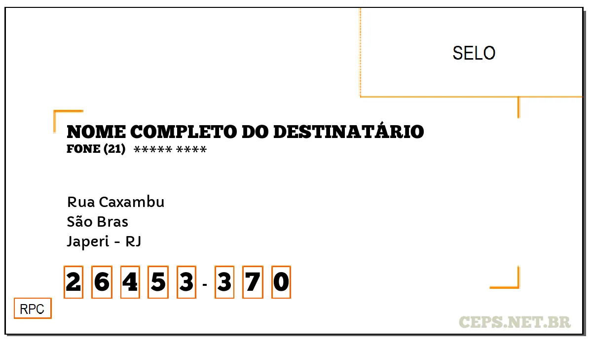 CEP JAPERI - RJ, DDD 21, CEP 26453370, RUA CAXAMBU, BAIRRO SÃO BRAS.