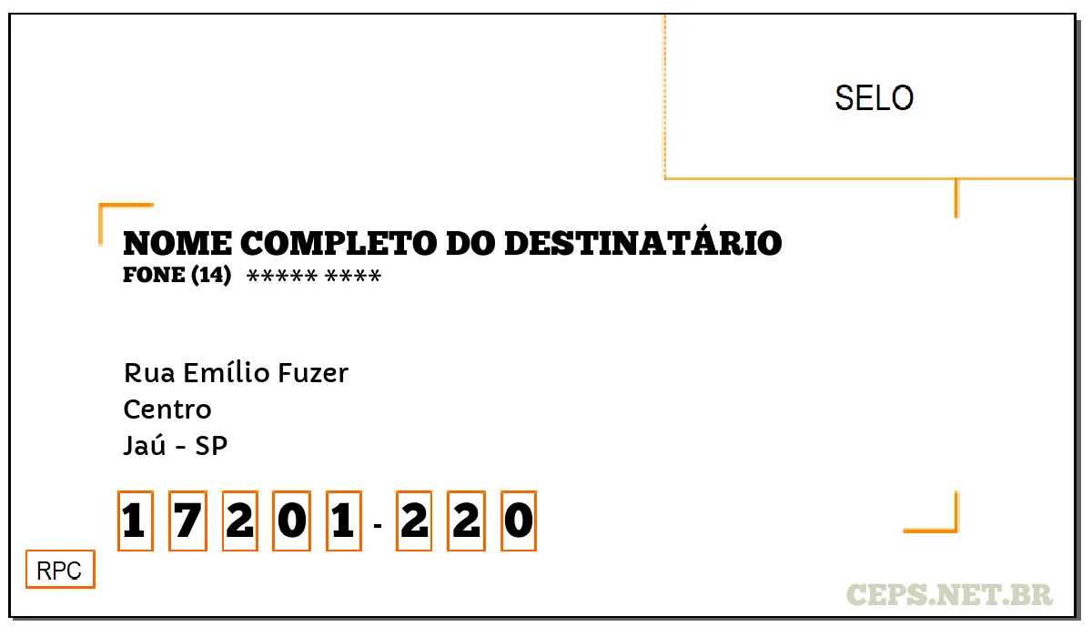 CEP JAÚ - SP, DDD 14, CEP 17201220, RUA EMÍLIO FUZER, BAIRRO CENTRO.