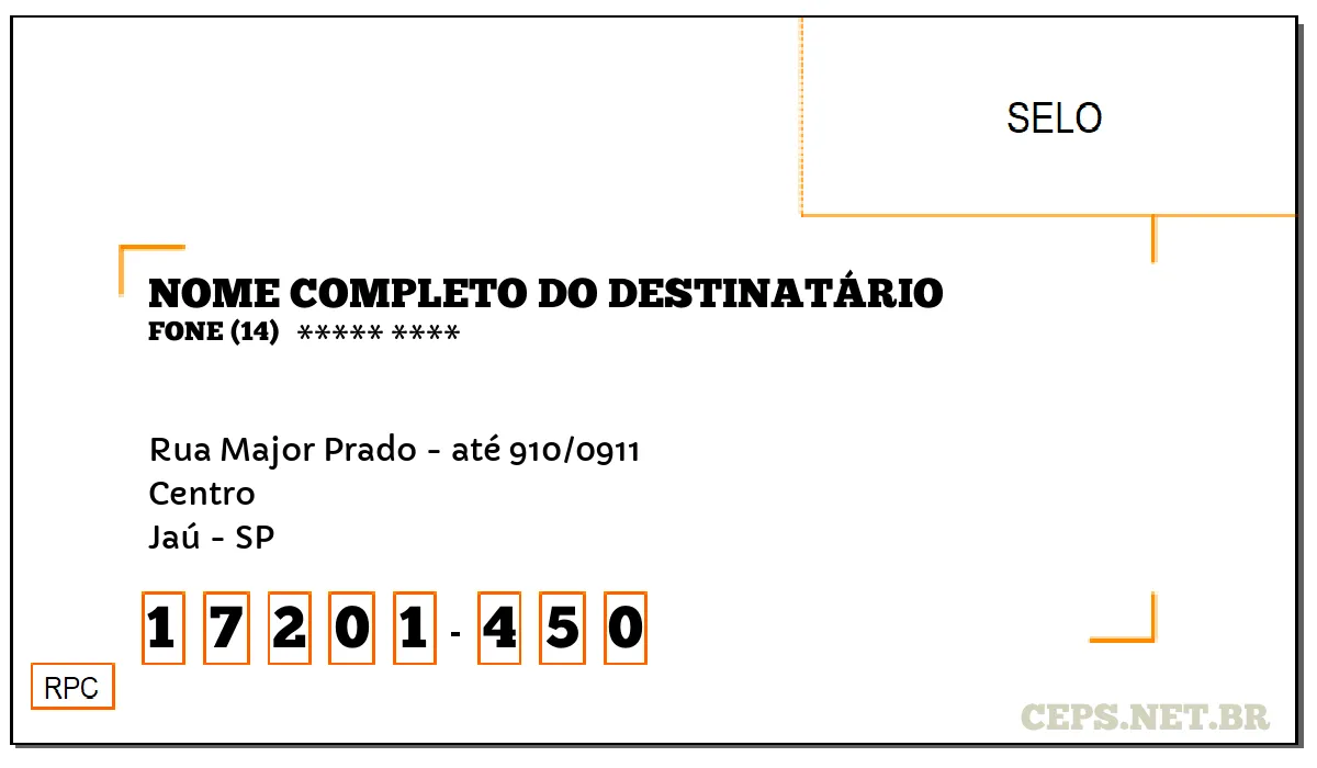 CEP JAÚ - SP, DDD 14, CEP 17201450, RUA MAJOR PRADO - ATÉ 910/0911, BAIRRO CENTRO.