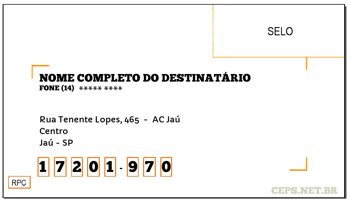 CEP JAÚ - SP, DDD 14, CEP 17201970, RUA TENENTE LOPES, 465 , BAIRRO CENTRO.