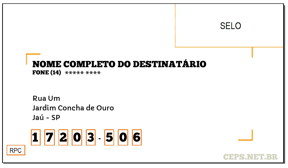 CEP JAÚ - SP, DDD 14, CEP 17203506, RUA UM, BAIRRO JARDIM CONCHA DE OURO.