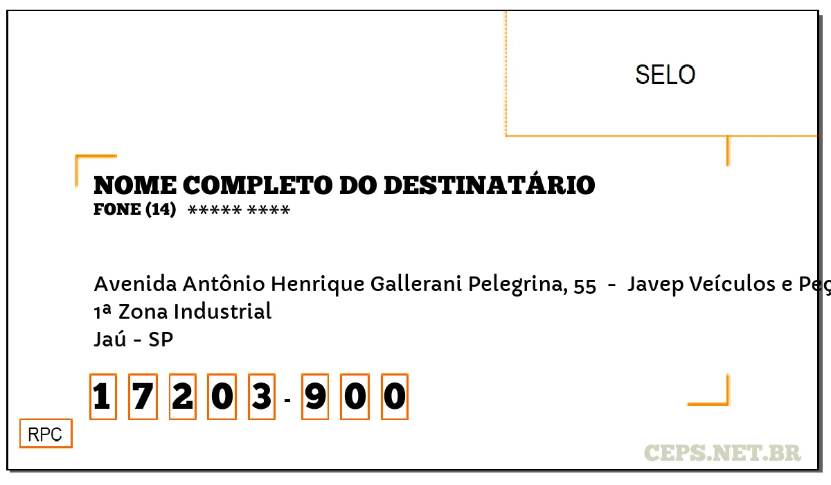 CEP JAÚ - SP, DDD 14, CEP 17203900, AVENIDA ANTÔNIO HENRIQUE GALLERANI PELEGRINA, 55 , BAIRRO 1ª ZONA INDUSTRIAL.