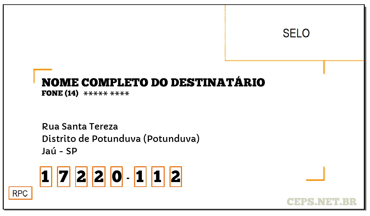 CEP JAÚ - SP, DDD 14, CEP 17220112, RUA SANTA TEREZA, BAIRRO DISTRITO DE POTUNDUVA (POTUNDUVA).