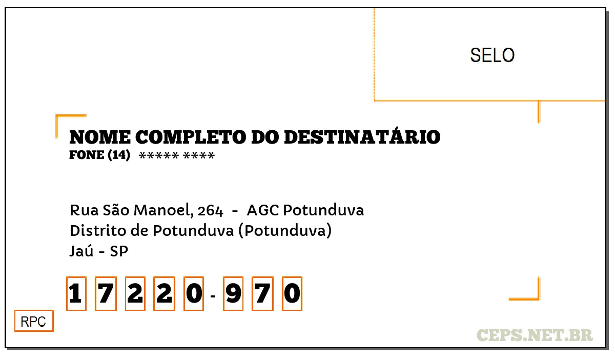 CEP JAÚ - SP, DDD 14, CEP 17220970, RUA SÃO MANOEL, 264 , BAIRRO DISTRITO DE POTUNDUVA (POTUNDUVA).