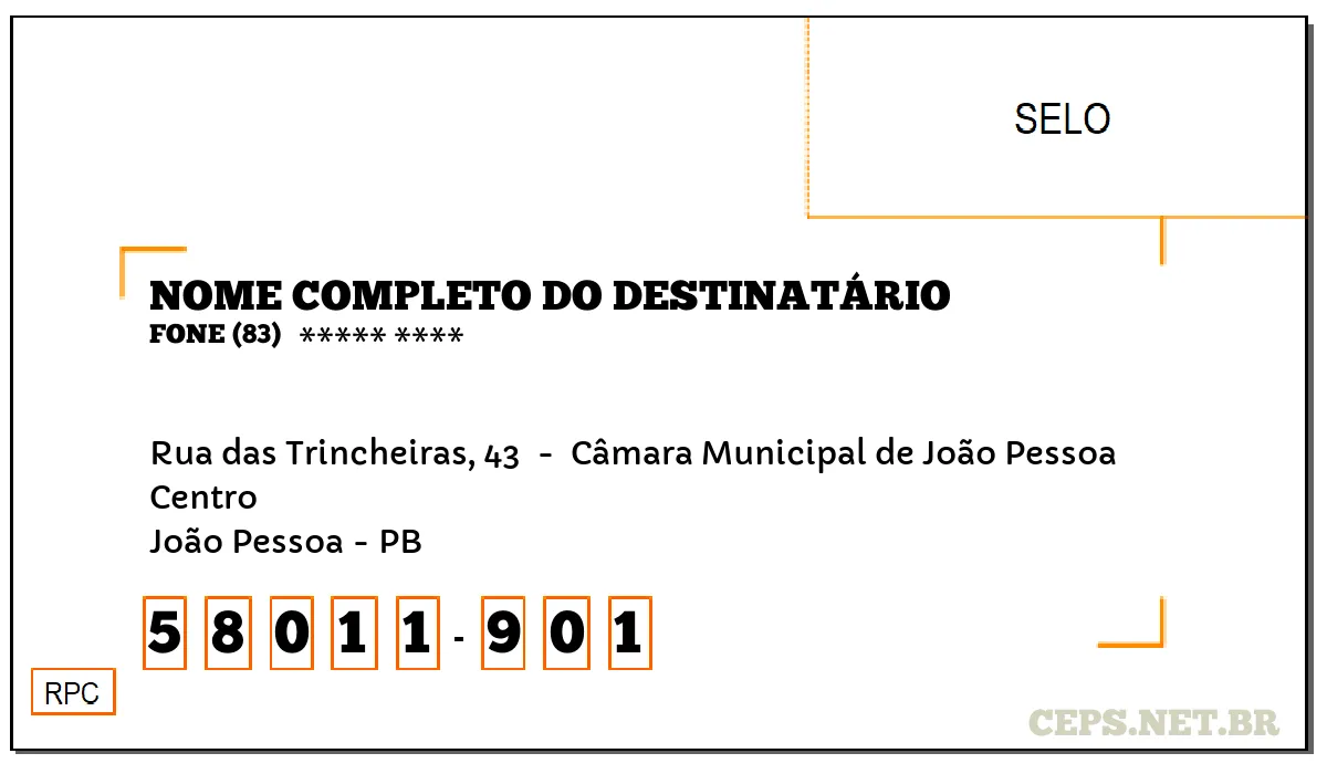 CEP JOÃO PESSOA - PB, DDD 83, CEP 58011901, RUA DAS TRINCHEIRAS, 43 , BAIRRO CENTRO.