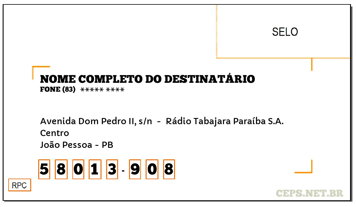 CEP JOÃO PESSOA - PB, DDD 83, CEP 58013908, AVENIDA DOM PEDRO II, S/N , BAIRRO CENTRO.