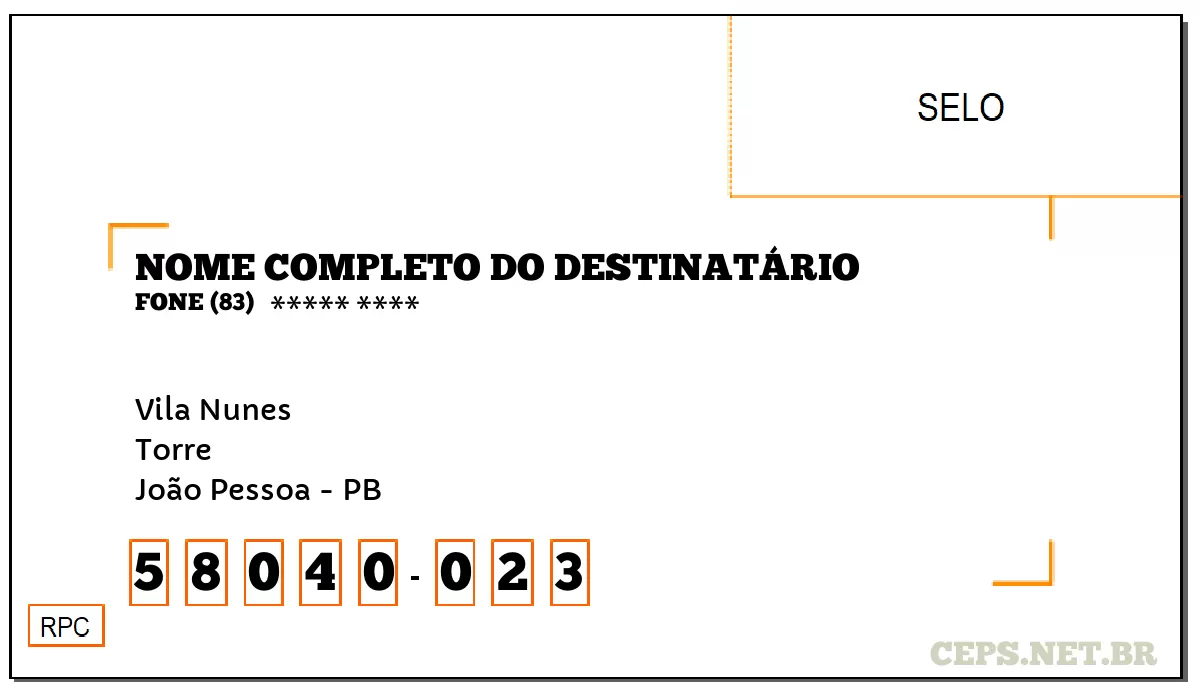 CEP JOÃO PESSOA - PB, DDD 83, CEP 58040023, VILA NUNES, BAIRRO TORRE.