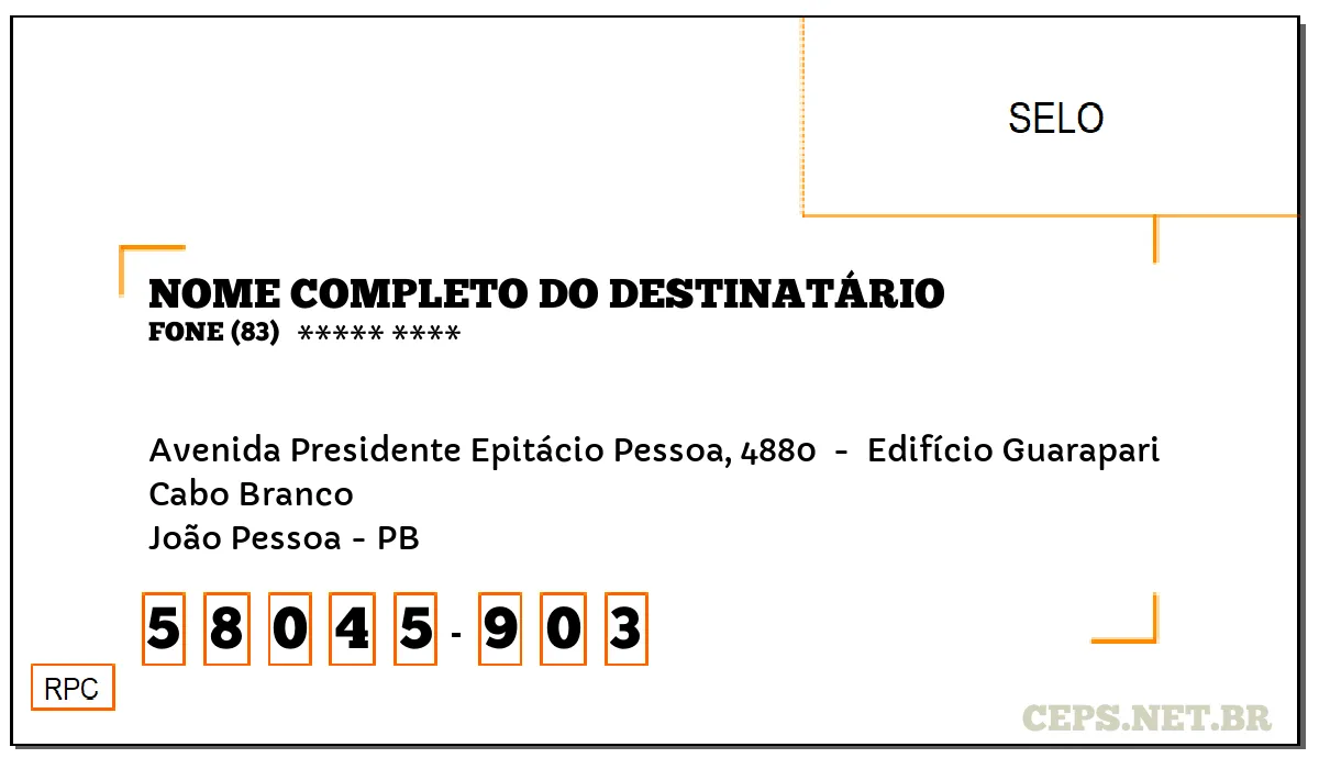 CEP JOÃO PESSOA - PB, DDD 83, CEP 58045903, AVENIDA PRESIDENTE EPITÁCIO PESSOA, 4880 , BAIRRO CABO BRANCO.