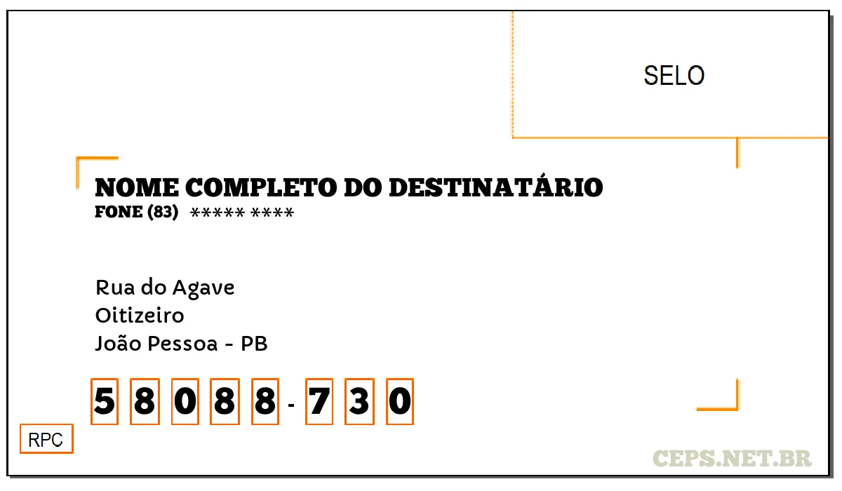 CEP JOÃO PESSOA - PB, DDD 83, CEP 58088730, RUA DO AGAVE, BAIRRO OITIZEIRO.