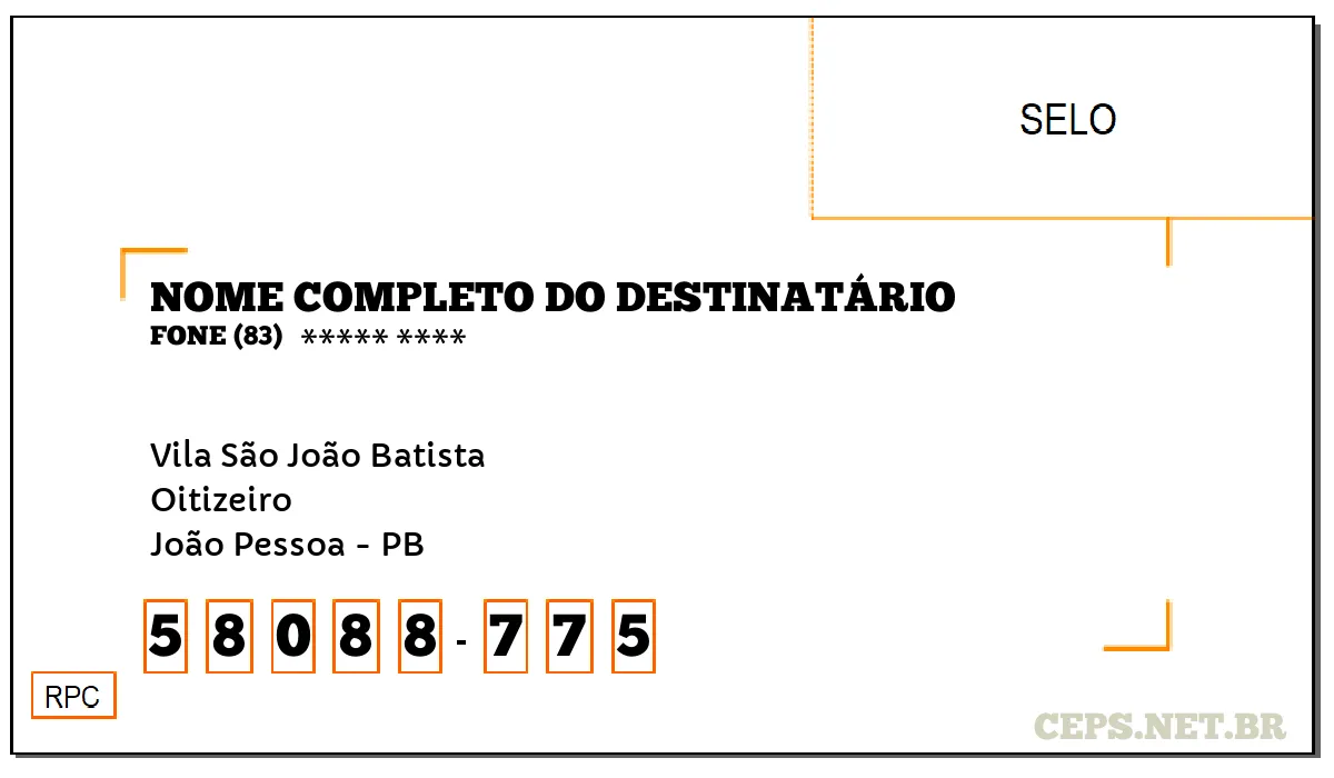 CEP JOÃO PESSOA - PB, DDD 83, CEP 58088775, VILA SÃO JOÃO BATISTA, BAIRRO OITIZEIRO.