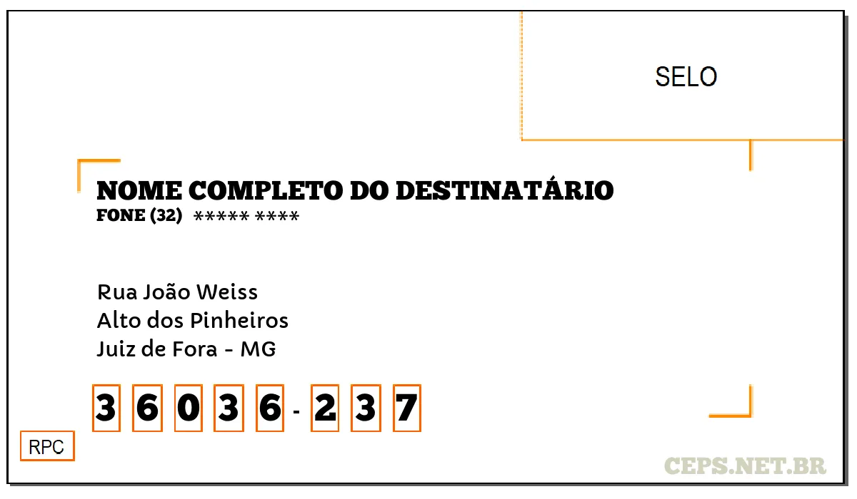 CEP JUIZ DE FORA - MG, DDD 32, CEP 36036237, RUA JOÃO WEISS, BAIRRO ALTO DOS PINHEIROS.