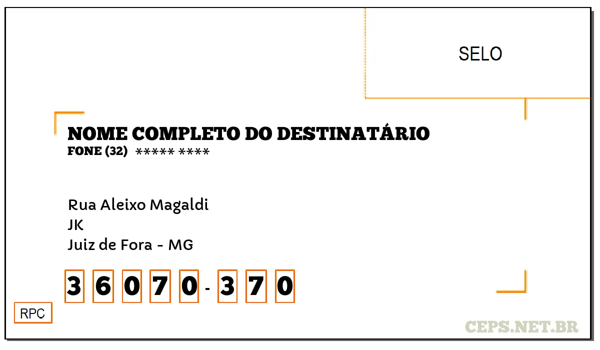 CEP JUIZ DE FORA - MG, DDD 32, CEP 36070370, RUA ALEIXO MAGALDI, BAIRRO JK.