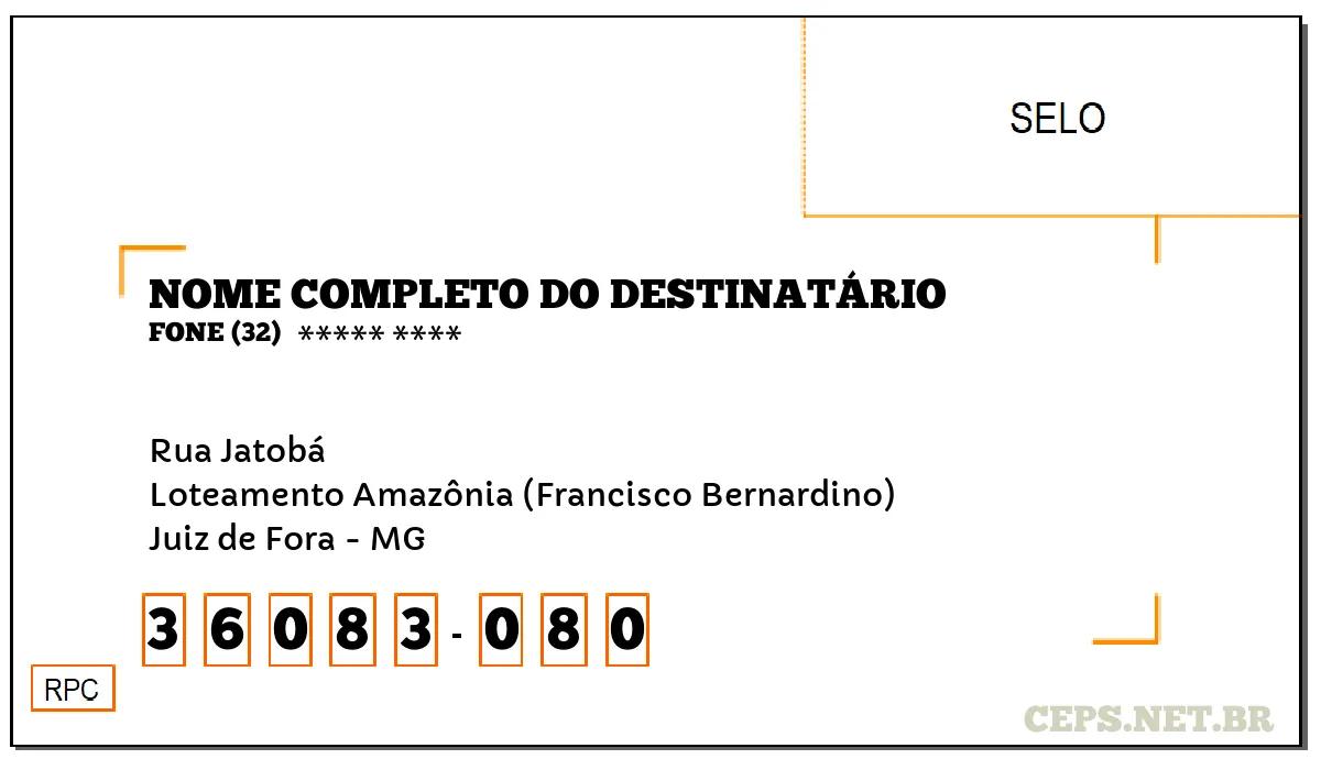 CEP JUIZ DE FORA - MG, DDD 32, CEP 36083080, RUA JATOBÁ, BAIRRO LOTEAMENTO AMAZÔNIA (FRANCISCO BERNARDINO).