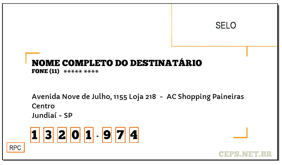 CEP JUNDIAÍ - SP, DDD 11, CEP 13201974, AVENIDA NOVE DE JULHO, 1155 LOJA 218 , BAIRRO CENTRO.