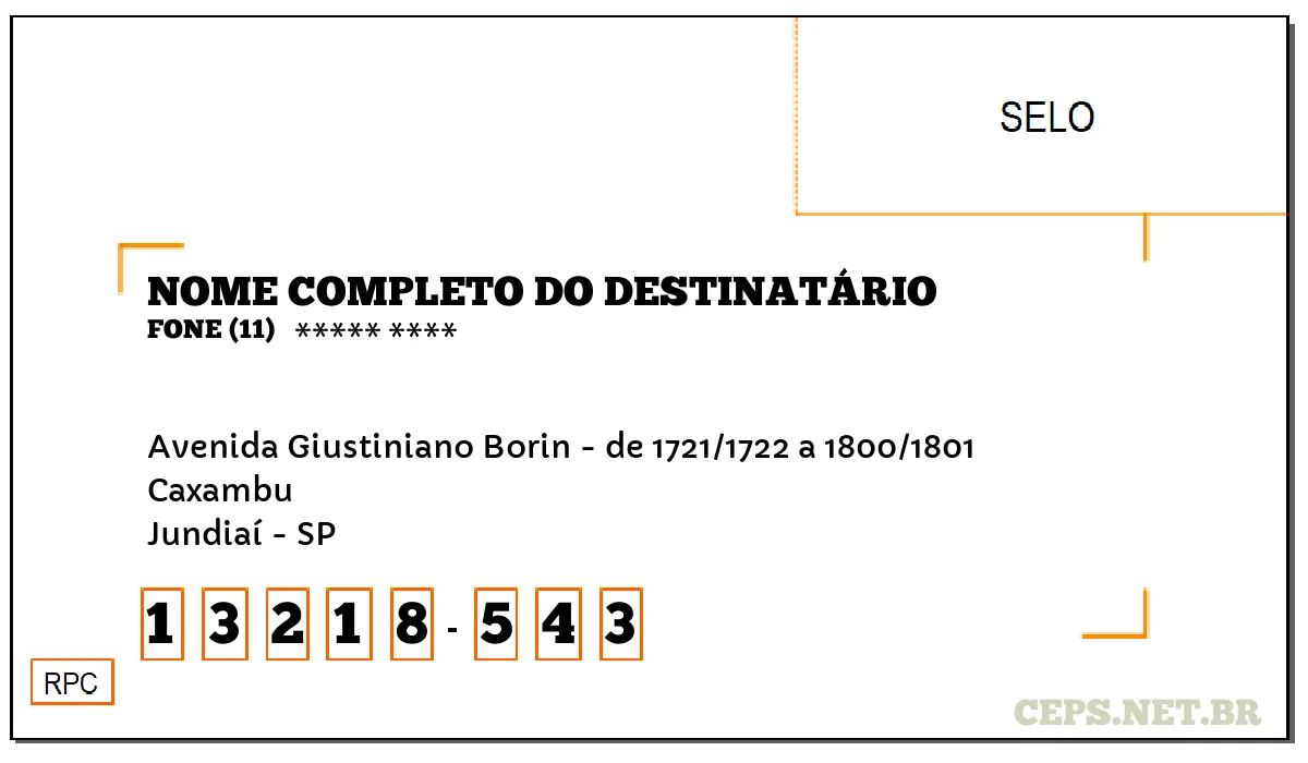 CEP JUNDIAÍ - SP, DDD 11, CEP 13218543, AVENIDA GIUSTINIANO BORIN - DE 1721/1722 A 1800/1801, BAIRRO CAXAMBU.