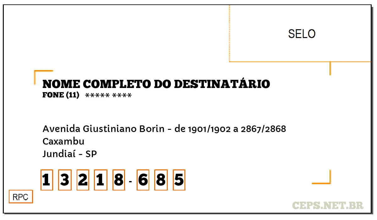 CEP JUNDIAÍ - SP, DDD 11, CEP 13218685, AVENIDA GIUSTINIANO BORIN - DE 1901/1902 A 2867/2868, BAIRRO CAXAMBU.