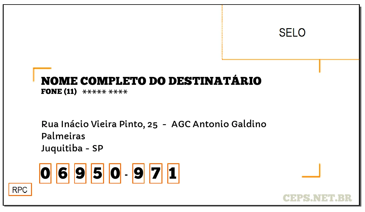 CEP JUQUITIBA - SP, DDD 11, CEP 06950971, RUA INÁCIO VIEIRA PINTO, 25 , BAIRRO PALMEIRAS.