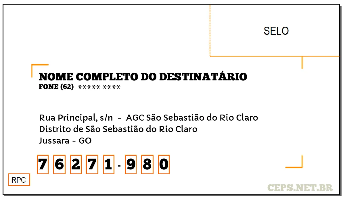 CEP JUSSARA - GO, DDD 62, CEP 76271980, RUA PRINCIPAL, S/N , BAIRRO DISTRITO DE SÃO SEBASTIÃO DO RIO CLARO.