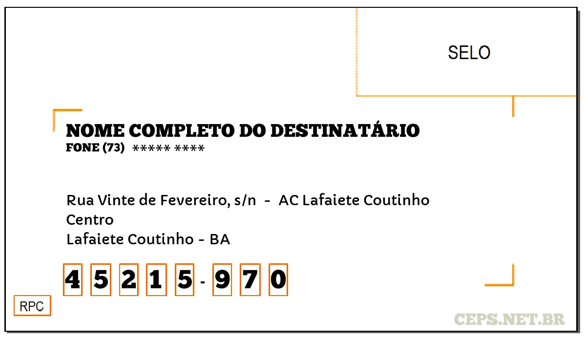 CEP LAFAIETE COUTINHO - BA, DDD 73, CEP 45215970, RUA VINTE DE FEVEREIRO, S/N , BAIRRO CENTRO.