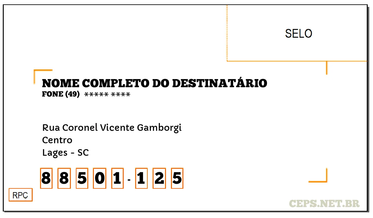 CEP LAGES - SC, DDD 49, CEP 88501125, RUA CORONEL VICENTE GAMBORGI, BAIRRO CENTRO.