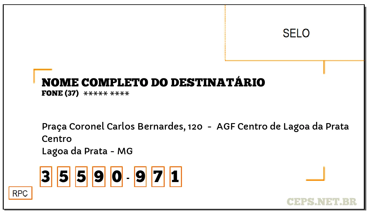 CEP LAGOA DA PRATA - MG, DDD 37, CEP 35590971, PRAÇA CORONEL CARLOS BERNARDES, 120 , BAIRRO CENTRO.