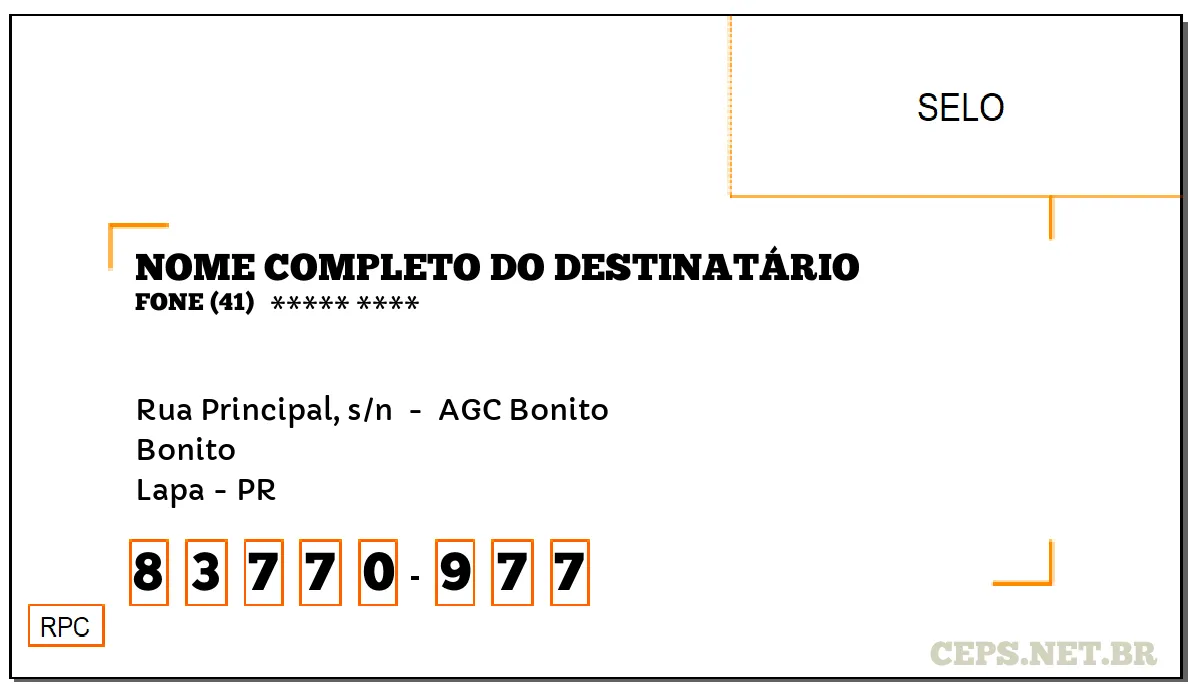 CEP LAPA - PR, DDD 41, CEP 83770977, RUA PRINCIPAL, S/N , BAIRRO BONITO.