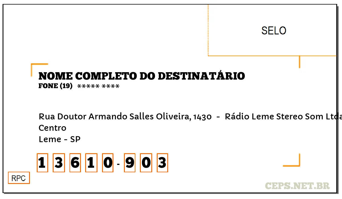 CEP LEME - SP, DDD 19, CEP 13610903, RUA DOUTOR ARMANDO SALLES OLIVEIRA, 1430 , BAIRRO CENTRO.