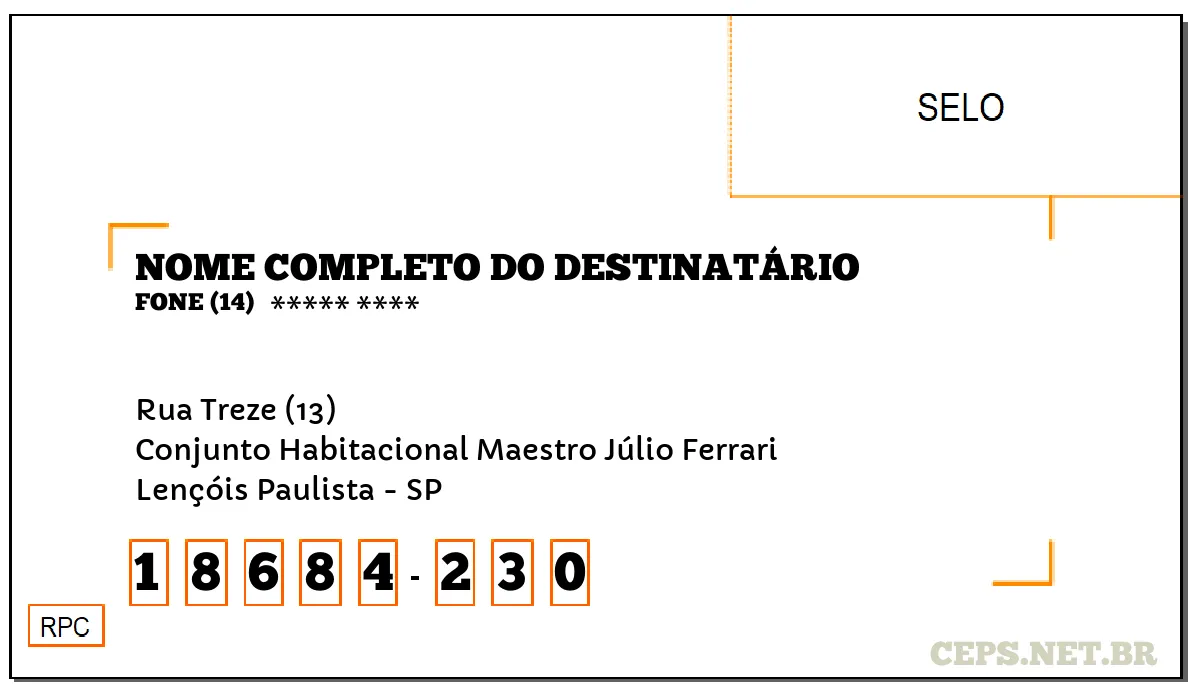 CEP LENÇÓIS PAULISTA - SP, DDD 14, CEP 18684230, RUA TREZE (13), BAIRRO CONJUNTO HABITACIONAL MAESTRO JÚLIO FERRARI.