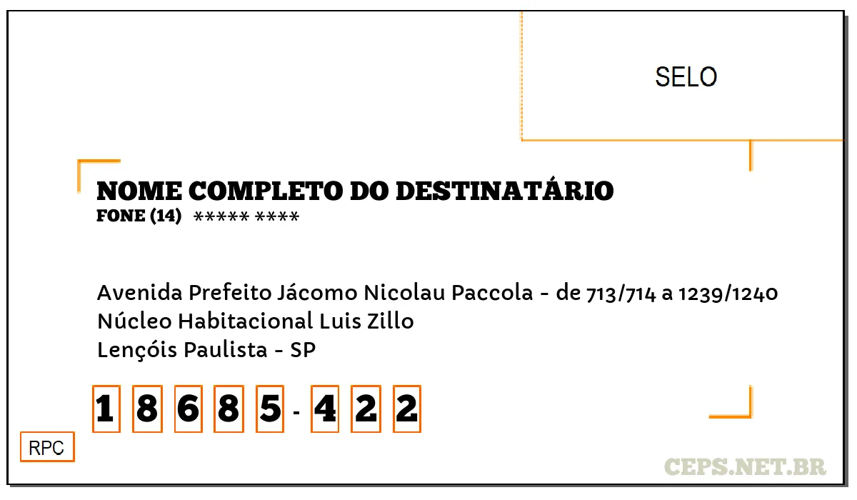 CEP LENÇÓIS PAULISTA - SP, DDD 14, CEP 18685422, AVENIDA PREFEITO JÁCOMO NICOLAU PACCOLA - DE 713/714 A 1239/1240, BAIRRO NÚCLEO HABITACIONAL LUIS ZILLO.