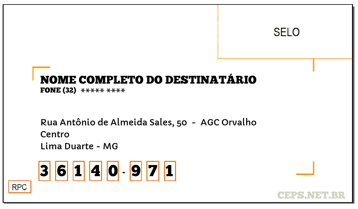 CEP LIMA DUARTE - MG, DDD 32, CEP 36140971, RUA ANTÔNIO DE ALMEIDA SALES, 50 , BAIRRO CENTRO.