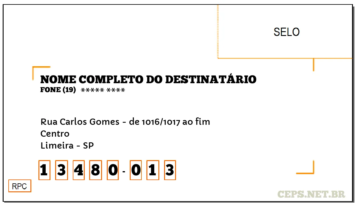 CEP LIMEIRA - SP, DDD 19, CEP 13480013, RUA CARLOS GOMES - DE 1016/1017 AO FIM, BAIRRO CENTRO.