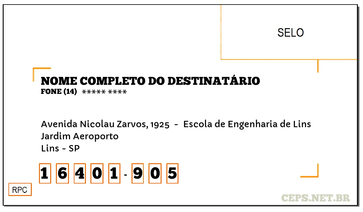 CEP LINS - SP, DDD 14, CEP 16401905, AVENIDA NICOLAU ZARVOS, 1925 , BAIRRO JARDIM AEROPORTO.