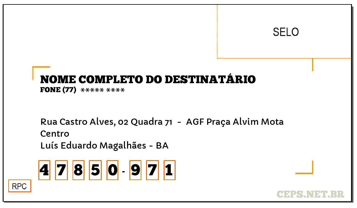 CEP LUÍS EDUARDO MAGALHÃES - BA, DDD 77, CEP 47850971, RUA CASTRO ALVES, 02 QUADRA 71 , BAIRRO CENTRO.