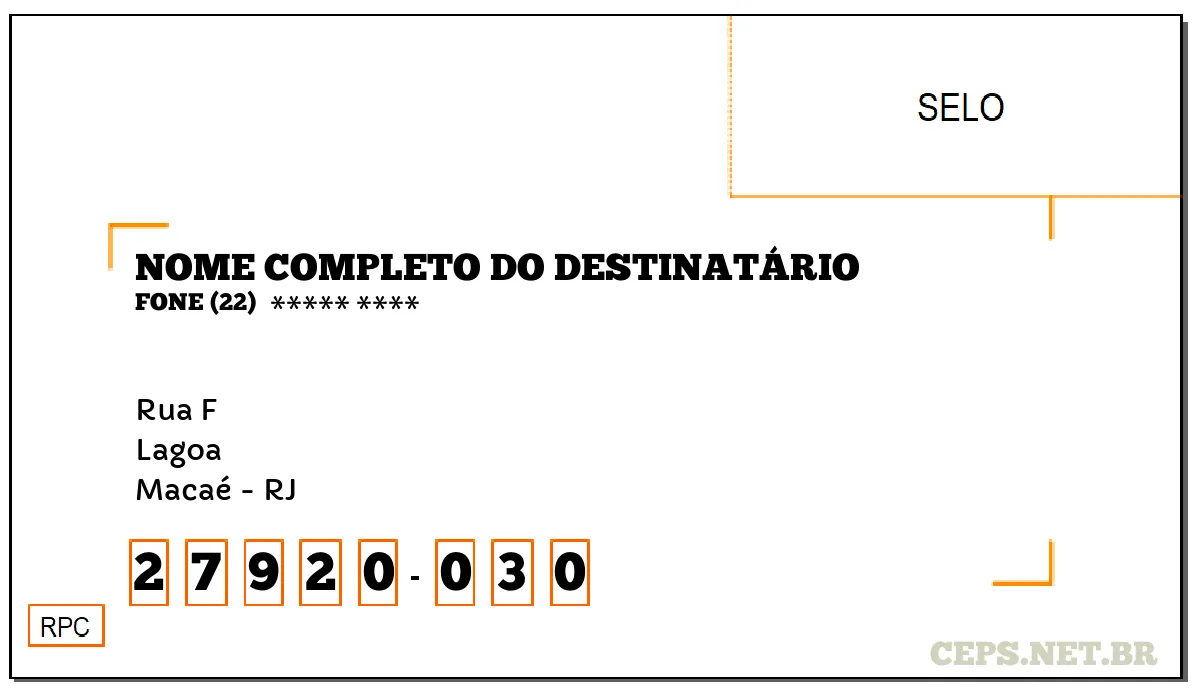 CEP MACAÉ - RJ, DDD 22, CEP 27920030, RUA F, BAIRRO LAGOA.