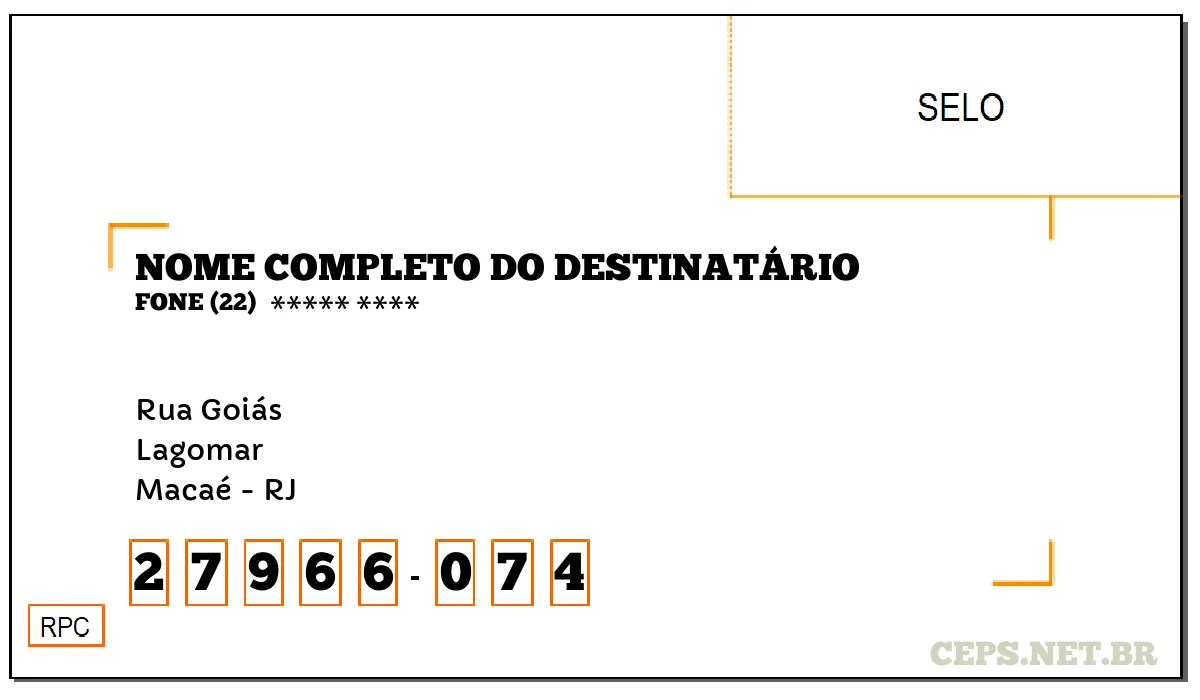 CEP MACAÉ - RJ, DDD 22, CEP 27966074, RUA GOIÁS, BAIRRO LAGOMAR.