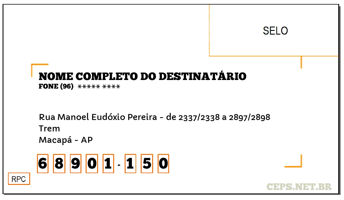 CEP MACAPÁ - AP, DDD 96, CEP 68901150, RUA MANOEL EUDÓXIO PEREIRA - DE 2337/2338 A 2897/2898, BAIRRO TREM.