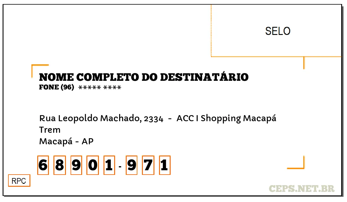 CEP MACAPÁ - AP, DDD 96, CEP 68901971, RUA LEOPOLDO MACHADO, 2334 , BAIRRO TREM.