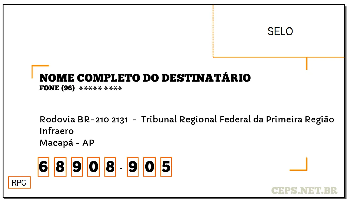 CEP MACAPÁ - AP, DDD 96, CEP 68908905, RODOVIA BR-210 2131 , BAIRRO INFRAERO.