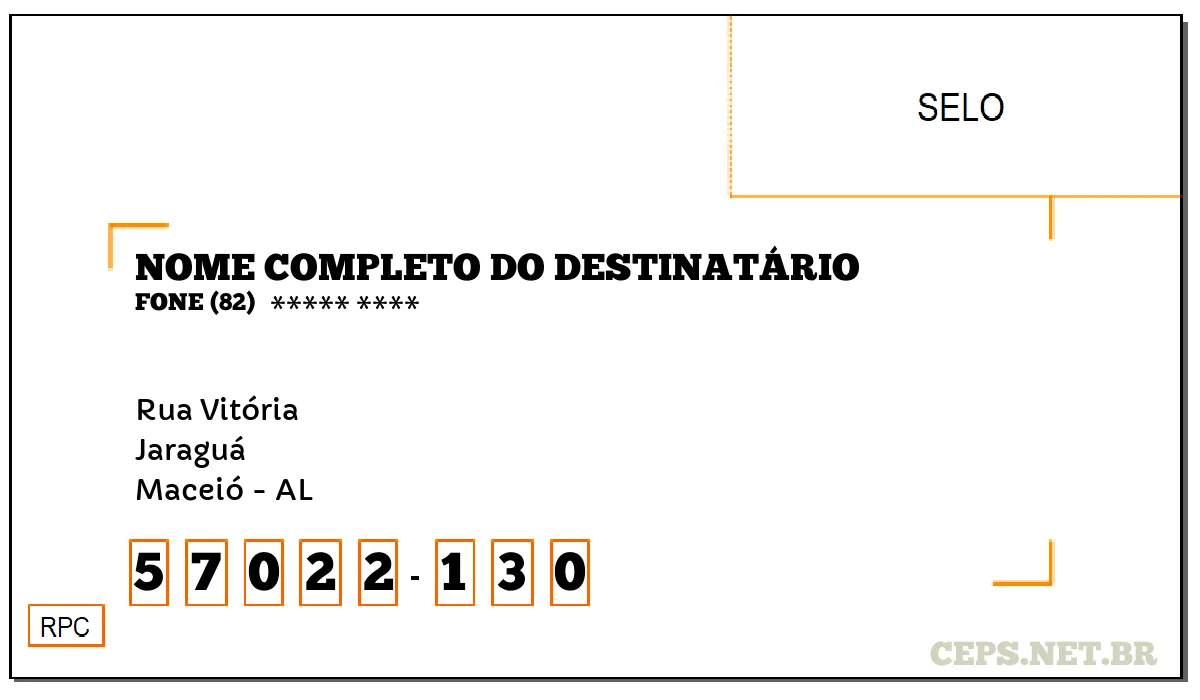 CEP MACEIÓ - AL, DDD 82, CEP 57022130, RUA VITÓRIA, BAIRRO JARAGUÁ.