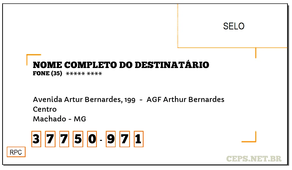 CEP MACHADO - MG, DDD 35, CEP 37750971, AVENIDA ARTUR BERNARDES, 199 , BAIRRO CENTRO.