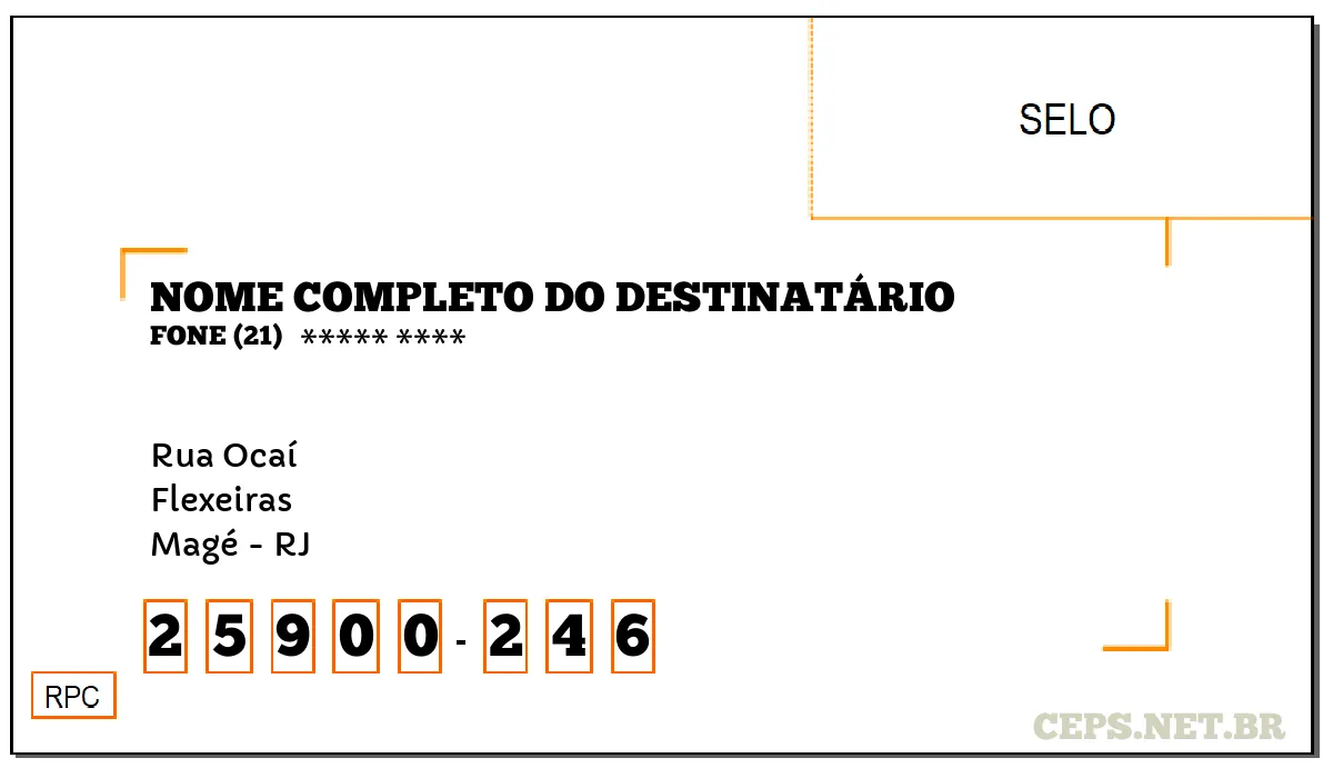 CEP MAGÉ - RJ, DDD 21, CEP 25900246, RUA OCAÍ, BAIRRO FLEXEIRAS.