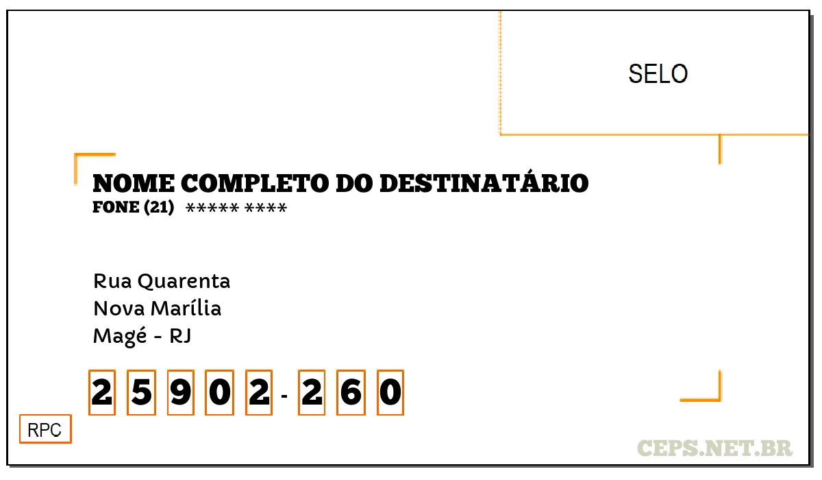 CEP MAGÉ - RJ, DDD 21, CEP 25902260, RUA QUARENTA, BAIRRO NOVA MARÍLIA.