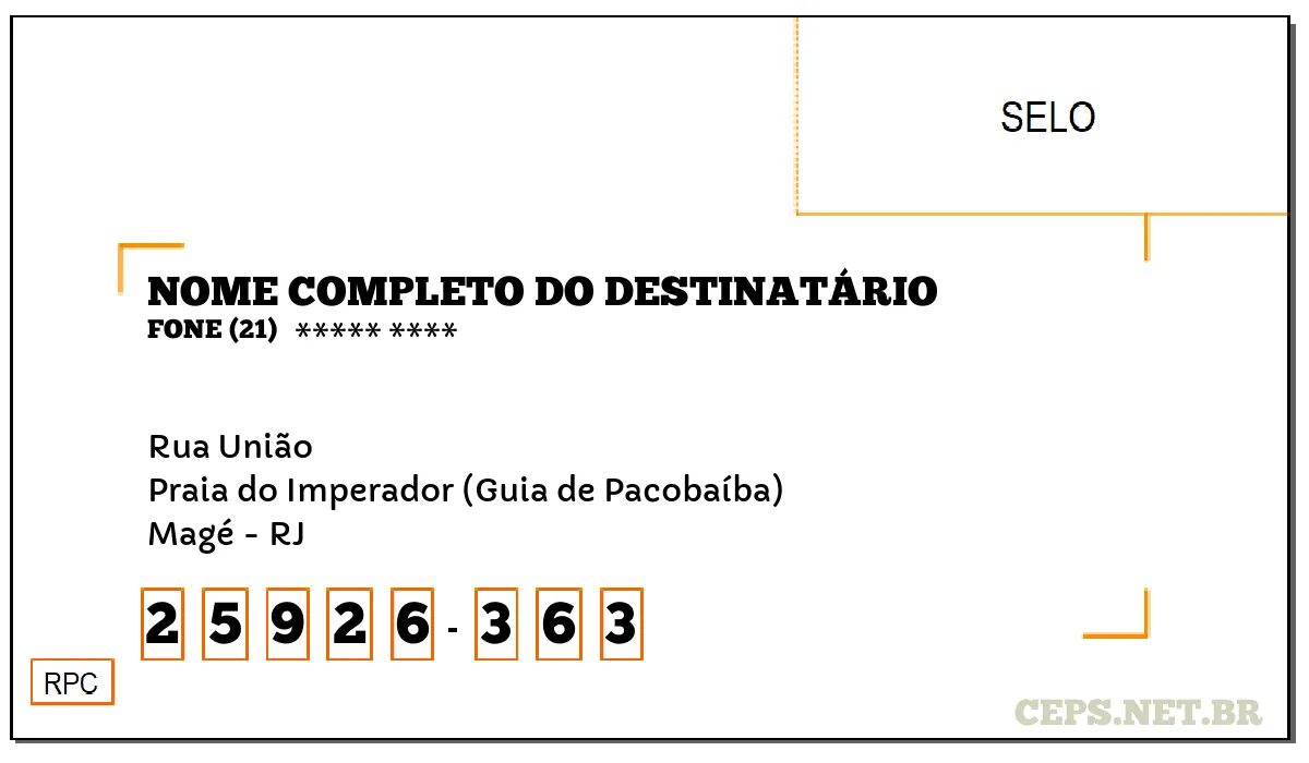 CEP MAGÉ - RJ, DDD 21, CEP 25926363, RUA UNIÃO, BAIRRO PRAIA DO IMPERADOR (GUIA DE PACOBAÍBA).