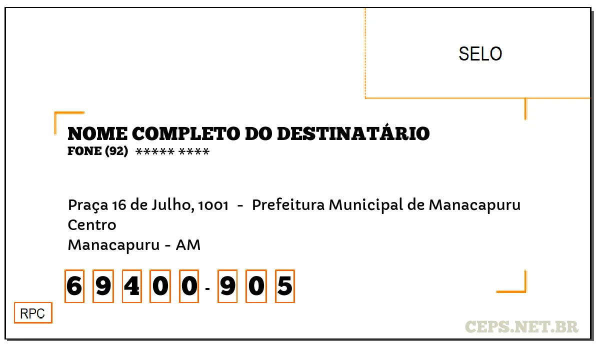 CEP MANACAPURU - AM, DDD 92, CEP 69400905, PRAÇA 16 DE JULHO, 1001 , BAIRRO CENTRO.