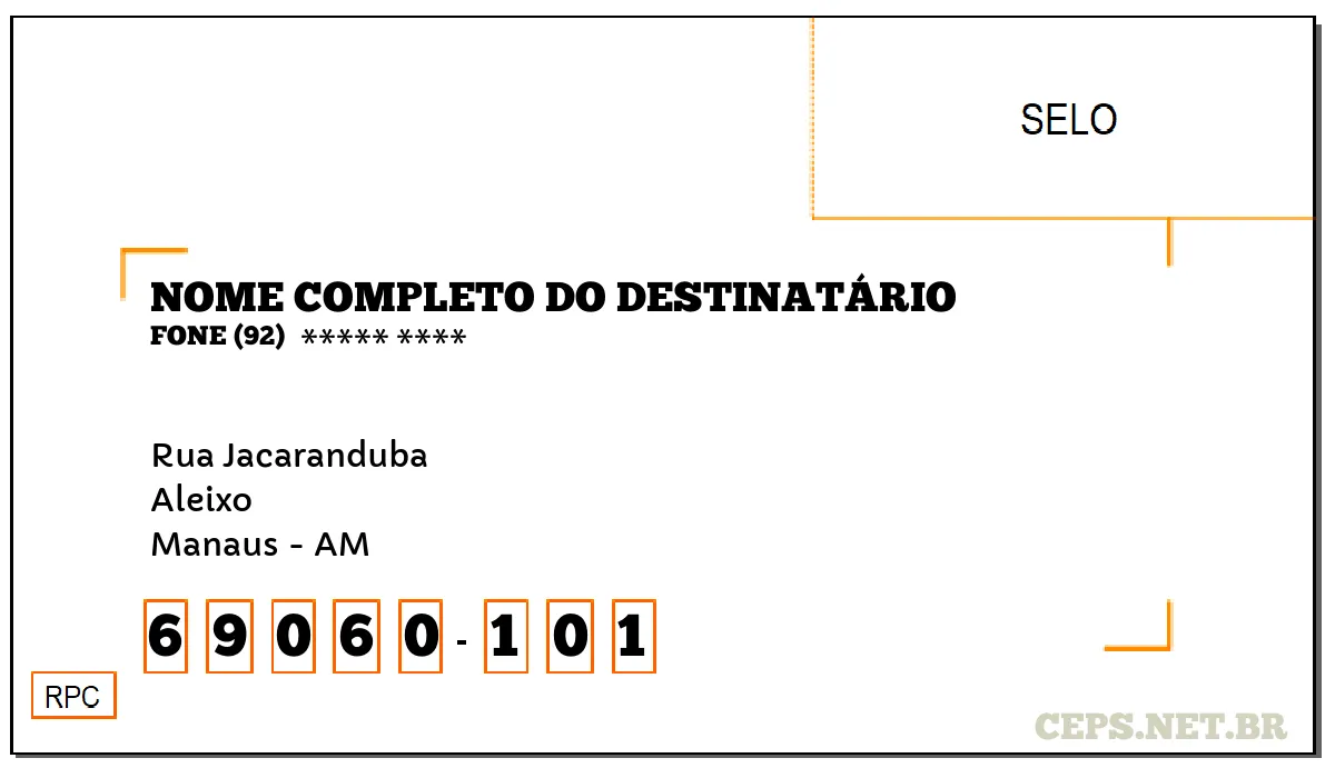 CEP MANAUS - AM, DDD 92, CEP 69060101, RUA JACARANDUBA, BAIRRO ALEIXO.