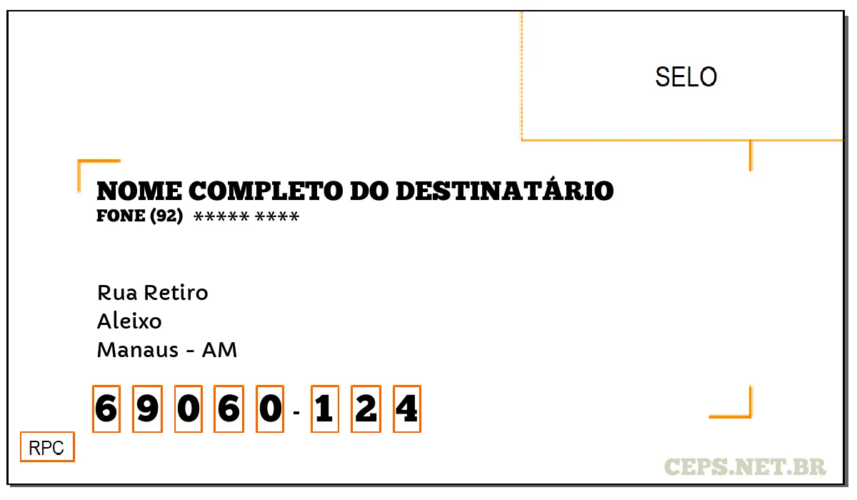 CEP MANAUS - AM, DDD 92, CEP 69060124, RUA RETIRO, BAIRRO ALEIXO.