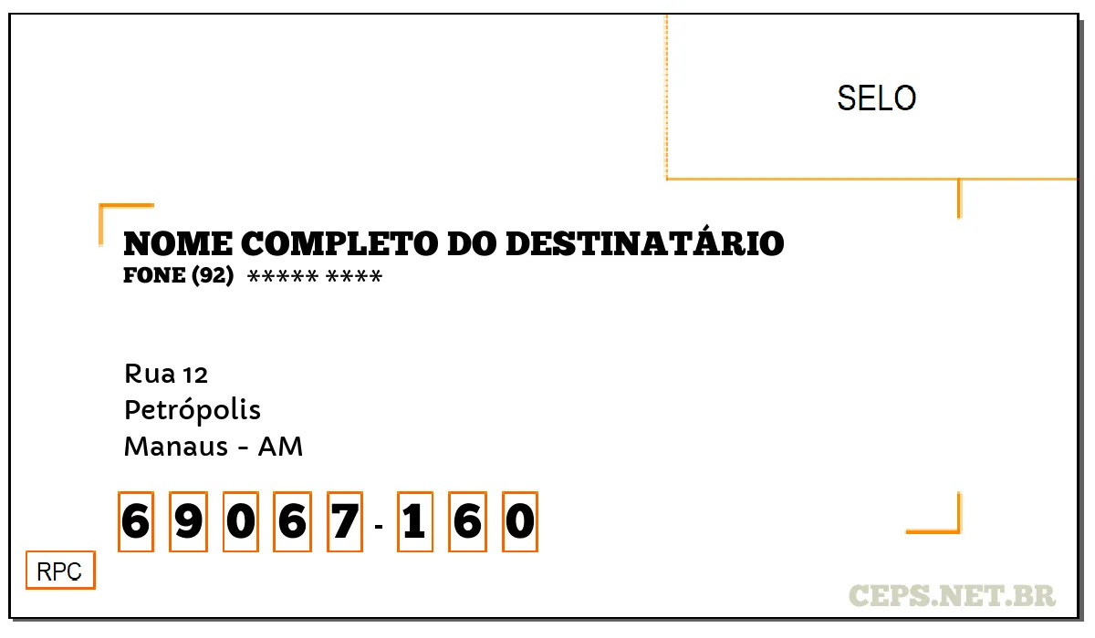 CEP MANAUS - AM, DDD 92, CEP 69067160, RUA 12, BAIRRO PETRÓPOLIS.