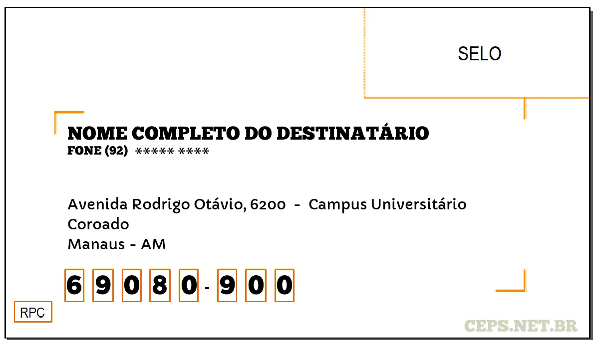 CEP MANAUS - AM, DDD 92, CEP 69080900, AVENIDA RODRIGO OTÁVIO, 6200 , BAIRRO COROADO.