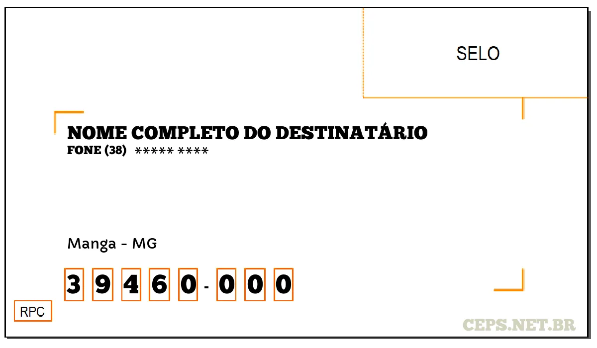 CEP MANGA - MG, DDD 38, CEP 39460000, , BAIRRO .