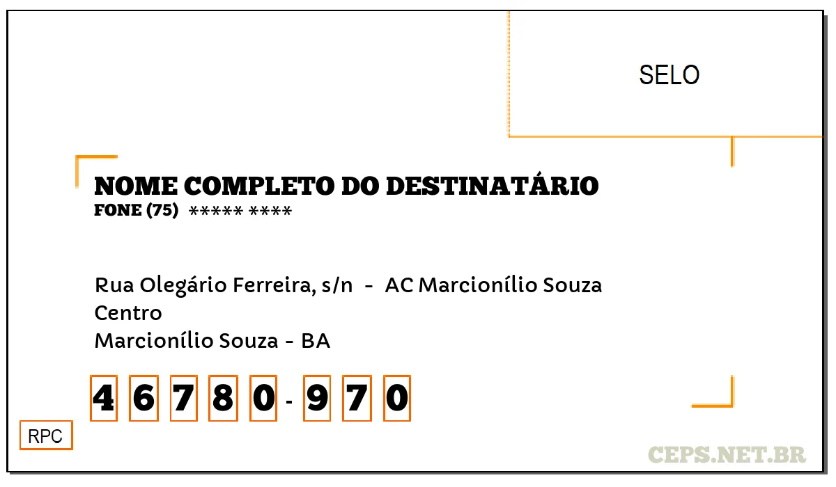 CEP MARCIONÍLIO SOUZA - BA, DDD 75, CEP 46780970, RUA OLEGÁRIO FERREIRA, S/N , BAIRRO CENTRO.